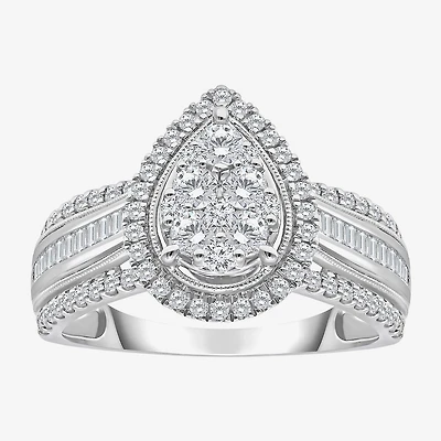 I-J / I2-I3 Womens 1 CT. T.W. Natural White Diamond 10K Gold Pear Side Stone Halo Engagement Ring