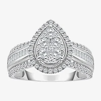 I-J / I2-I3 Womens 1 CT. T.W. Natural White Diamond 10K Gold Pear Side Stone Halo Engagement Ring
