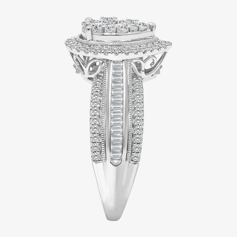 I-J / I2-I3 Womens 1 CT. T.W. Natural White Diamond 10K Gold Pear Side Stone Halo Engagement Ring