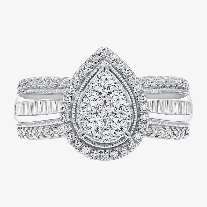 I-J / I2-I3 Womens 1 CT. T.W. Natural White Diamond 10K Gold Pear Side Stone Halo Engagement Ring