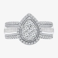 I-J / I2-I3 Womens 1 CT. T.W. Natural White Diamond 10K Gold Pear Side Stone Halo Engagement Ring