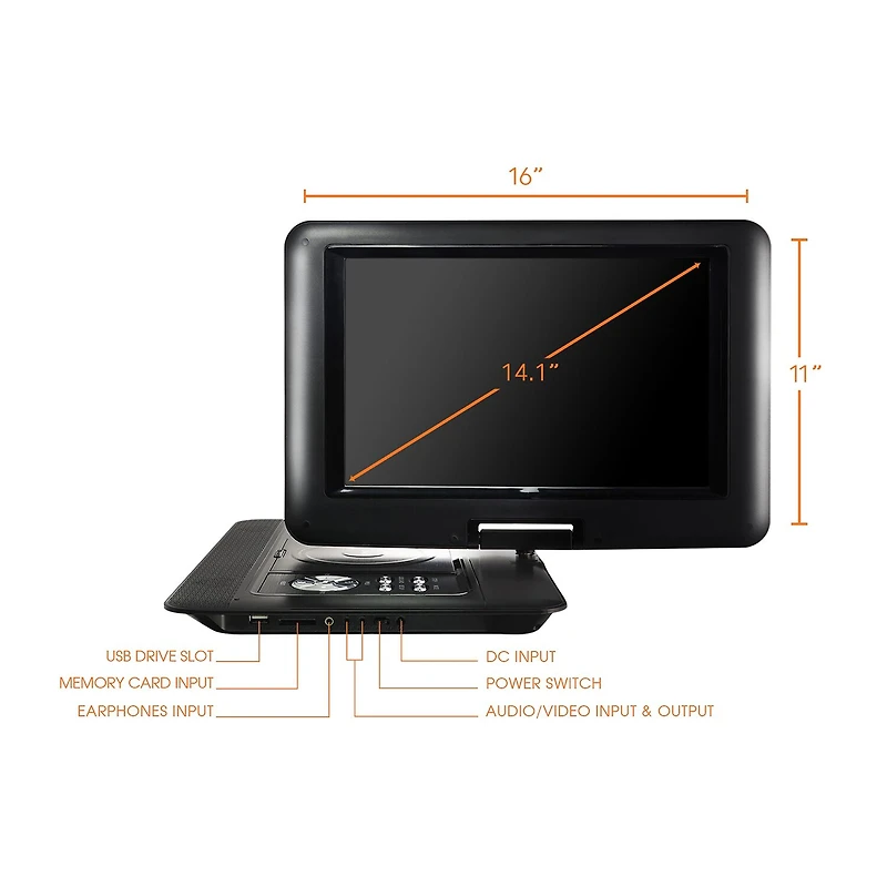 Trexonic 14.1" Portable DVD Player with TFT-LCD Screen and USB/SD/AV Inputs