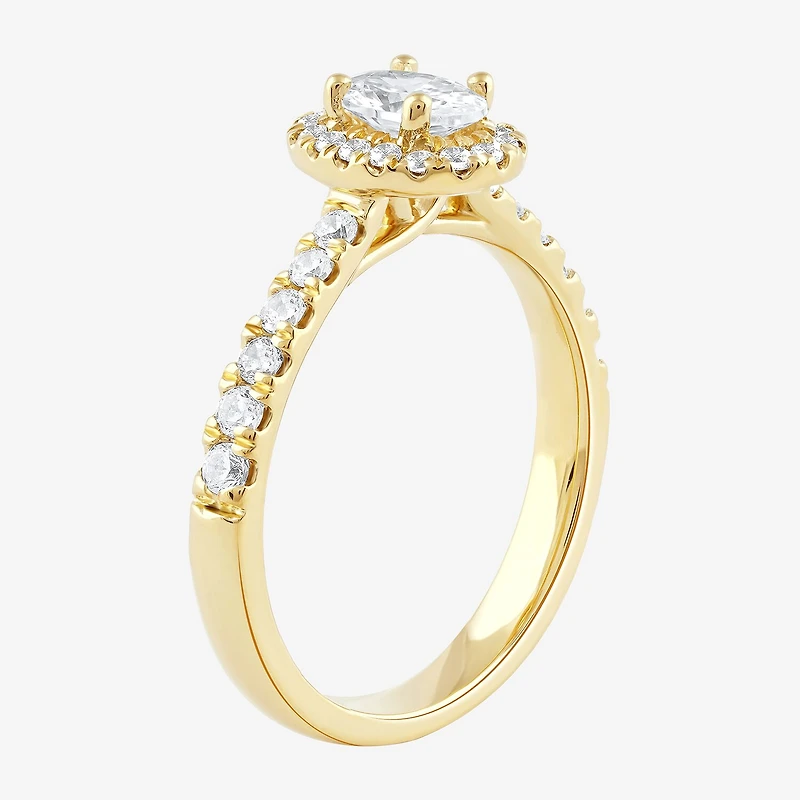 Certified (F / Si1) Womens 3/4 CT. T.W. Lab Grown White Diamond 10K Gold Oval Side Stone Halo Engagement Ring