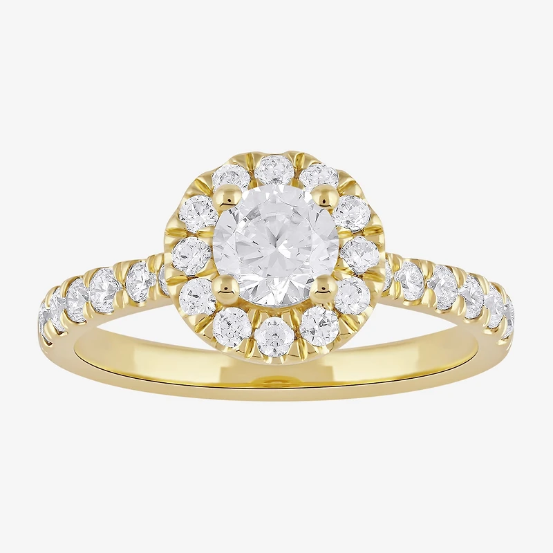 Certified (F / Si1) Womens / CT. T.W. Lab Grown White Diamond 10K Gold Round Side Stone Halo Engagement Ring