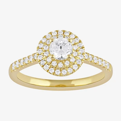 Certified (F / Si1) Womens / CT. T.W. Lab Grown White Diamond 10K Gold Round Side Stone Halo Engagement Ring