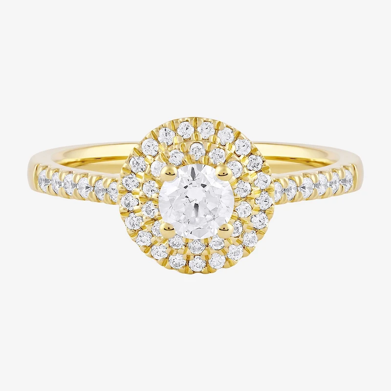 Certified (F / Si1) Womens / CT. T.W. Lab Grown White Diamond 10K Gold Round Side Stone Halo Engagement Ring