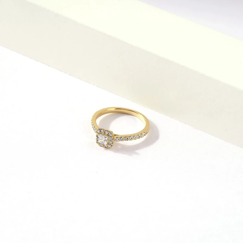 Certified (F / Si1) Womens / CT. T.W. Lab Grown White Diamond 10K Gold Cushion Side Stone Halo Engagement Ring