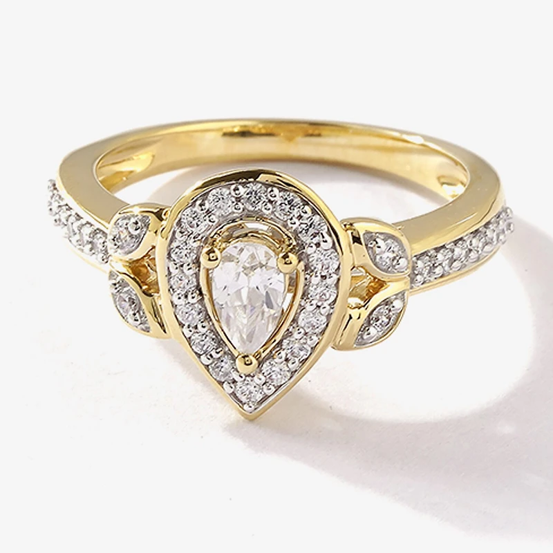 Certified (F / Si1) Womens / CT. T.W. Lab Grown White Diamond 10K Gold Pear Side Stone Halo Engagement Ring