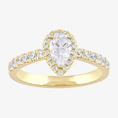 Certified (F / Si1) Womens CT. T.W. Lab Grown White Diamond 10K Gold Pear Side Stone Halo Engagement Ring
