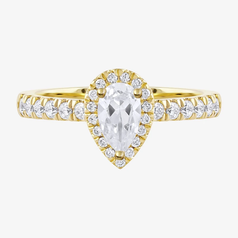 Certified (F / Si1) Womens CT. T.W. Lab Grown White Diamond 10K Gold Pear Side Stone Halo Engagement Ring
