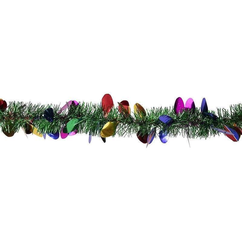 50' x 2'' Green and Multi-Color Christmas Light Bulb Wrapped Tinsel Garland - Unlit