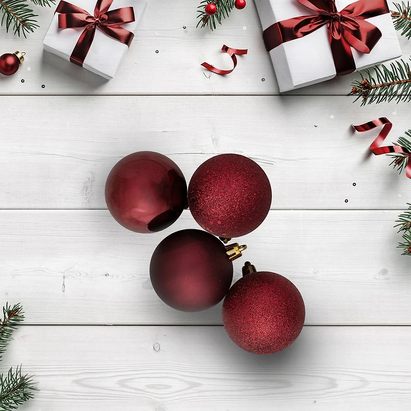 12ct Burgundy Shatterproof 4-Finish Christmas Ball Ornaments 3.25'' (80mm)