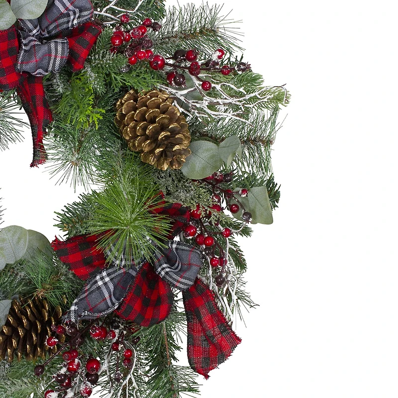 Dual Plaid and Berries Artificial Christmas Wreath - 24-Inch Unlit
