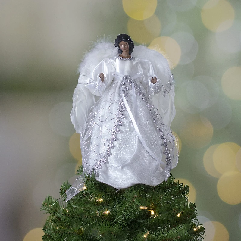 14'' African American Silver and White Angel Christmas Tree Topper Unlit