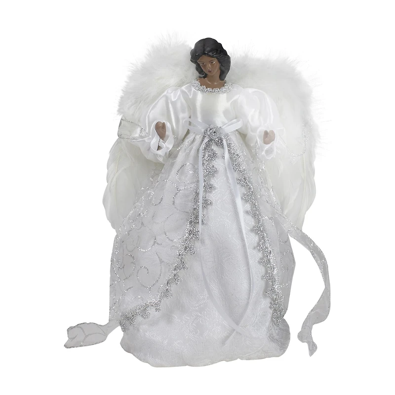 14'' African American Silver and White Angel Christmas Tree Topper Unlit