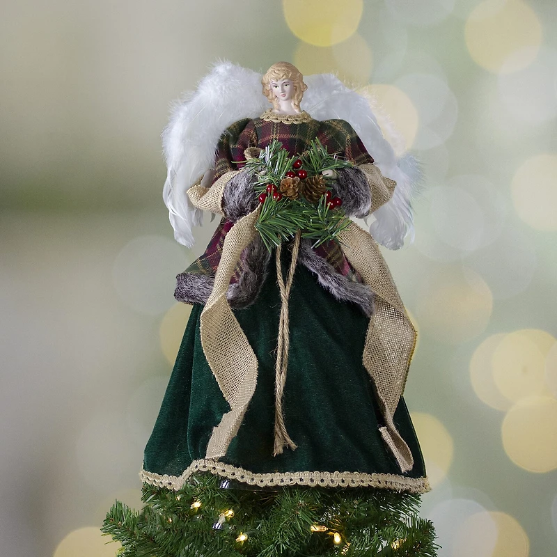 18'' Red and Green Angel in a Dress Christmas Tree Topper Accented with Holly Berries - Unlit