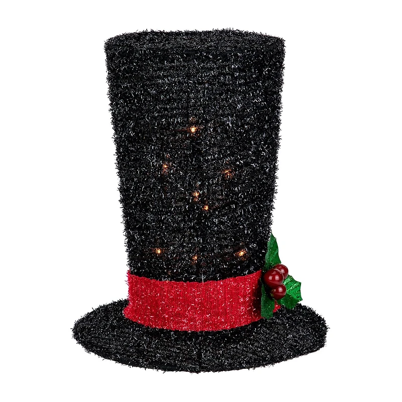 9.25'' Lighted Black Tinsel Top Hat Christmas Tree Topper Clear Lights