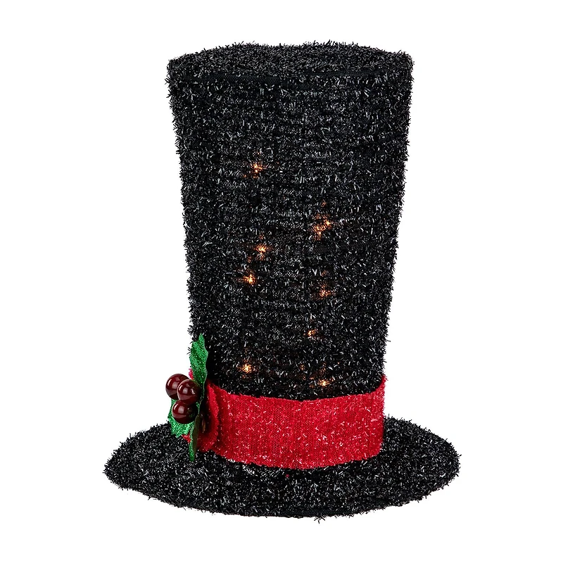 9.25'' Lighted Black Tinsel Top Hat Christmas Tree Topper Clear Lights