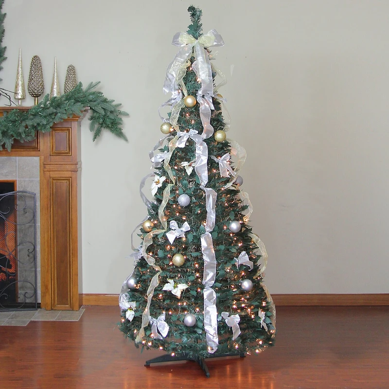 6' Pre-Lit Silver and Gold Pre-Decorated Pop-Up Artificial Christmas Tree Clear Lights