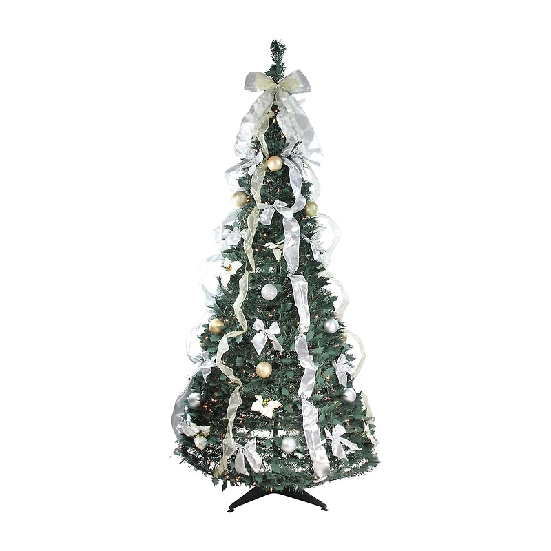 6' Pre-Lit Silver and Gold Pre-Decorated Pop-Up Artificial Christmas Tree Clear Lights