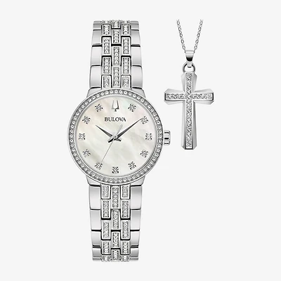 Bulova Classic Crystal Womens Crystal Accent Silver Tone Stainless Steel 2-pc. Watch Boxed Set 96x163