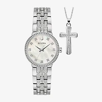 Bulova Classic Crystal Womens Crystal Accent Silver Tone Stainless Steel 2-pc. Watch Boxed Set 96x163