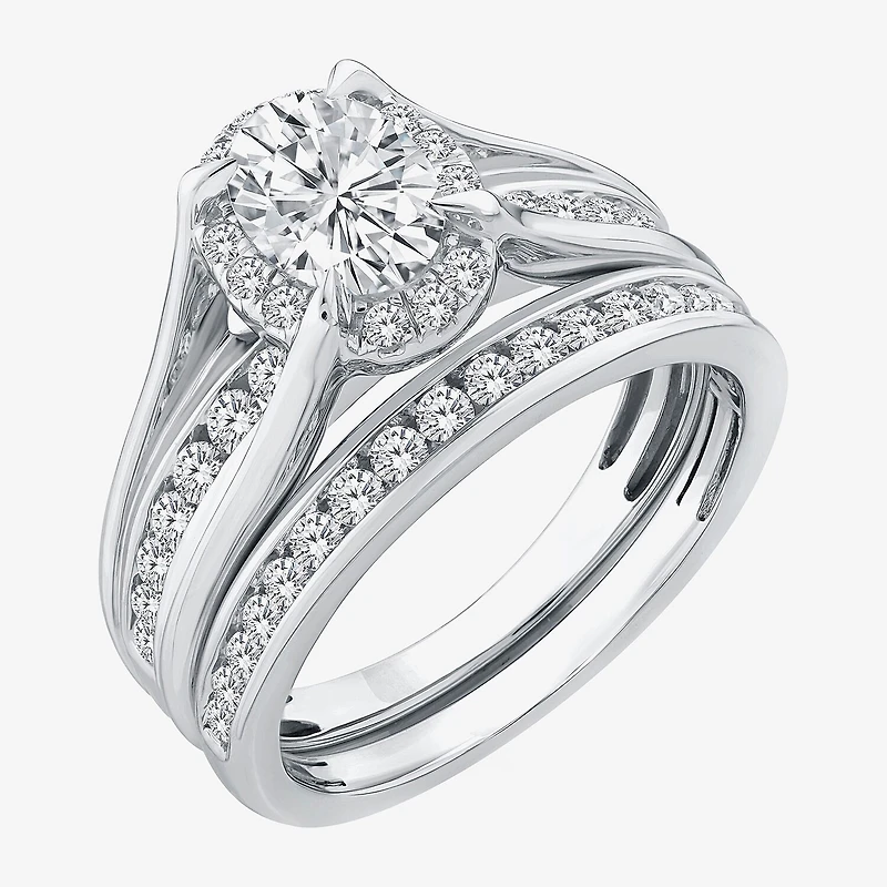 (G / Si1-Si2) Womens 1 1/2 CT. T.W. Lab Grown White Diamond 10K Gold Oval Side Stone Halo Bridal Set