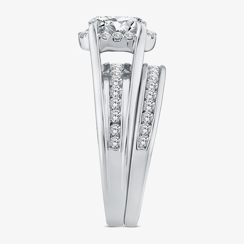 (G / Si1-Si2) Womens 1 1/2 CT. T.W. Lab Grown White Diamond 10K Gold Oval Side Stone Halo Bridal Set