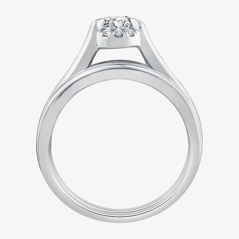 (G / Si1-Si2) Womens 1 1/2 CT. T.W. Lab Grown White Diamond 10K Gold Oval Side Stone Halo Bridal Set