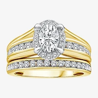 (G / Si1-Si2) Womens 1 1/2 CT. T.W. Lab Grown White Diamond 10K Gold Oval Side Stone Halo Bridal Set
