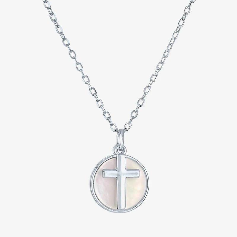 Womens White Mother Of Pearl Sterling Silver Cross Round 15 Inch Pendant Necklace