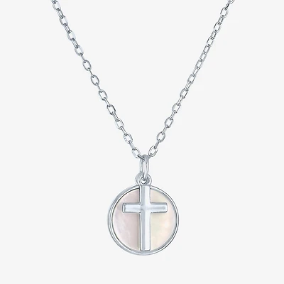 Womens White Mother Of Pearl Sterling Silver Cross Round 15 Inch Pendant Necklace