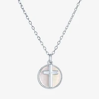 Womens White Mother Of Pearl Sterling Silver Cross Round 15 Inch Pendant Necklace