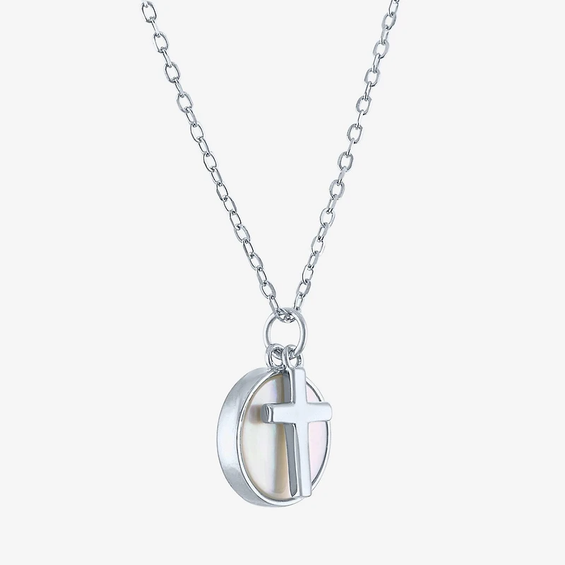 Womens White Mother Of Pearl Sterling Silver Cross Round 15 Inch Pendant Necklace
