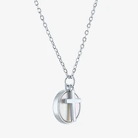 Womens White Mother Of Pearl Sterling Silver Cross Round 15 Inch Pendant Necklace