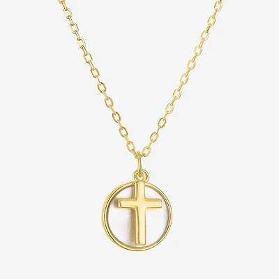 Womens White Mother Of Pearl Sterling Silver Cross Round 15 Inch Pendant Necklace