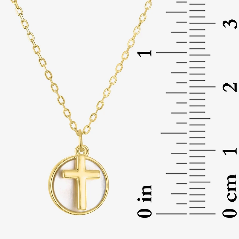 Womens White Mother Of Pearl Sterling Silver Cross Round 15 Inch Pendant Necklace
