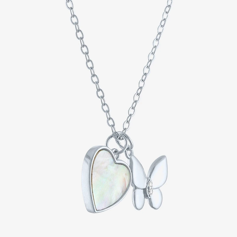 Womens White Mother Of Pearl Sterling Silver Butterfly Heart 15 Inch Pendant Necklace