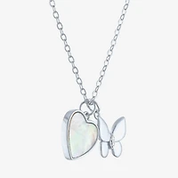 Womens White Mother Of Pearl Sterling Silver Butterfly Heart 15 Inch Pendant Necklace