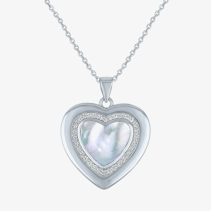 Womens White Mother Of Pearl Sterling Silver Heart 16 Inch Pendant Necklace