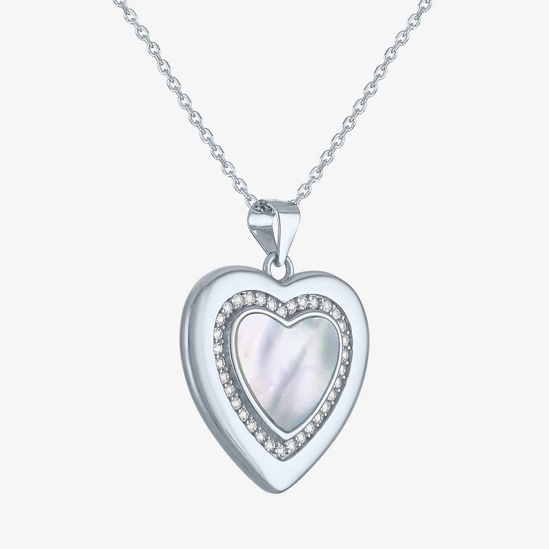 Womens White Mother Of Pearl Sterling Silver Heart 16 Inch Pendant Necklace