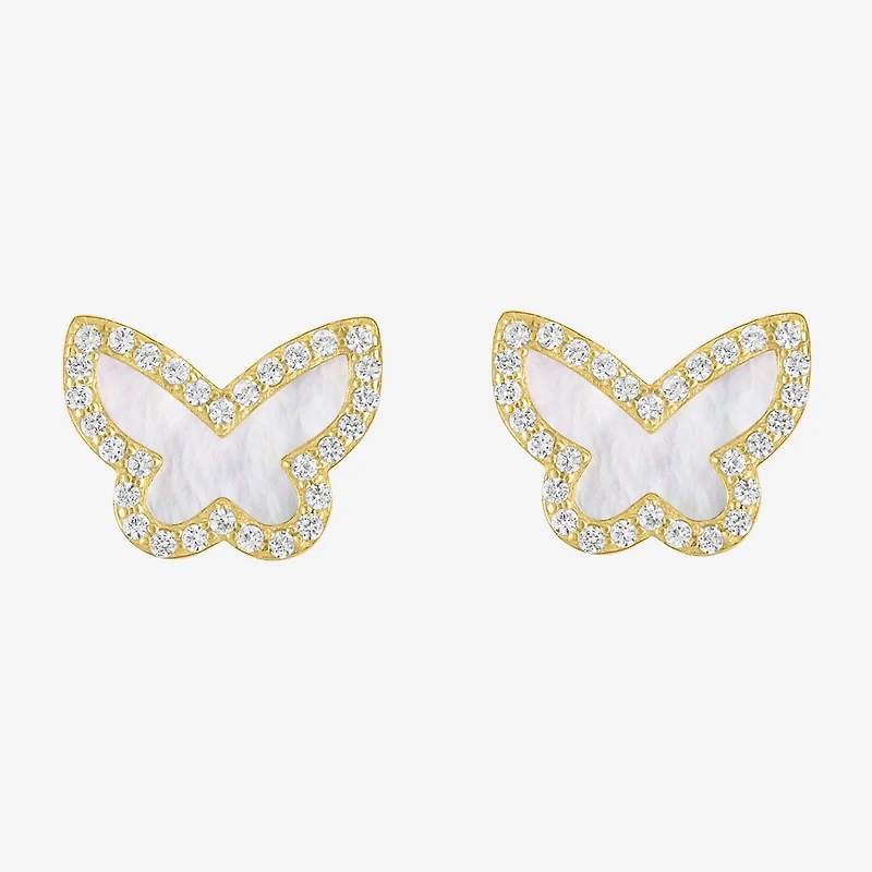 White Mother Of Pearl 14K Gold Over Silver 9mm Butterfly Stud Earrings