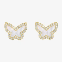 White Mother Of Pearl 14K Gold Over Silver 9mm Butterfly Stud Earrings