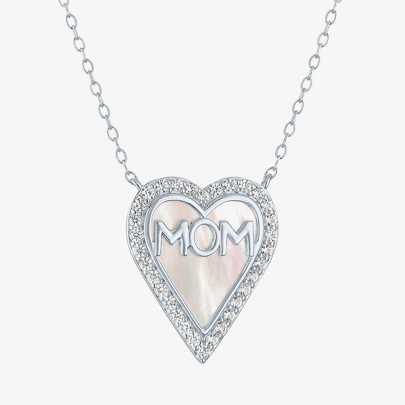 Mom" Womens White Mother Of Pearl Sterling Silver Heart Inch Pendant Necklace