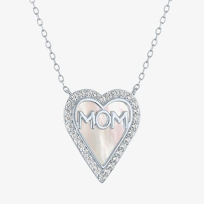 "Mom" Womens White Mother Of Pearl Sterling Silver Heart 16 Inch Pendant Necklace