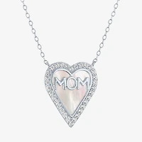 Mom" Womens White Mother Of Pearl Sterling Silver Heart Inch Pendant Necklace