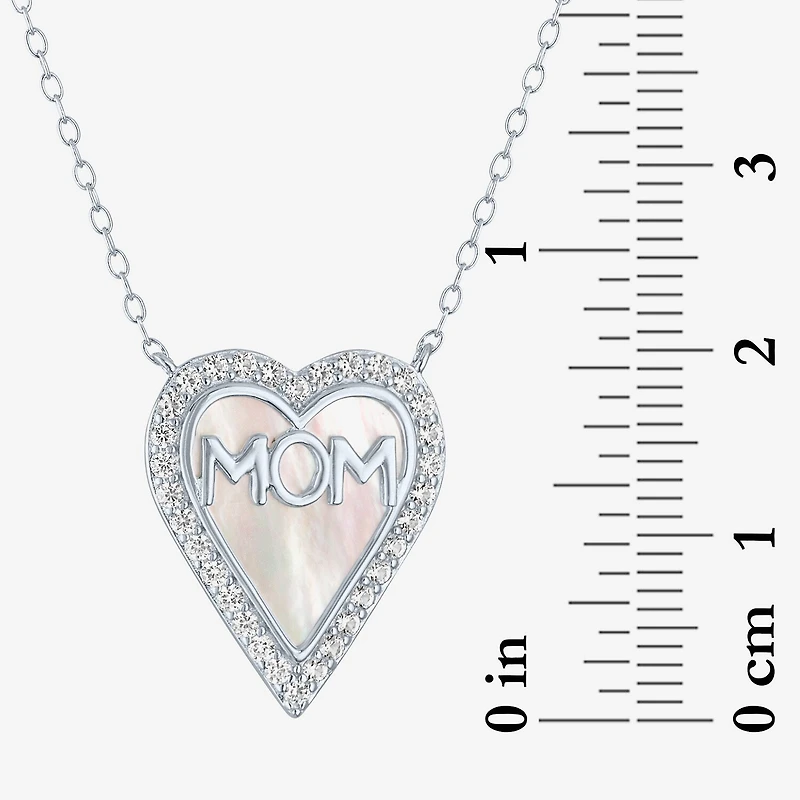 Mom" Womens White Mother Of Pearl Sterling Silver Heart Inch Pendant Necklace