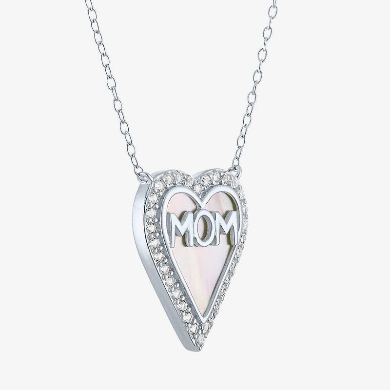 Mom" Womens White Mother Of Pearl Sterling Silver Heart Inch Pendant Necklace