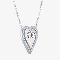 Mom" Womens White Mother Of Pearl Sterling Silver Heart Inch Pendant Necklace