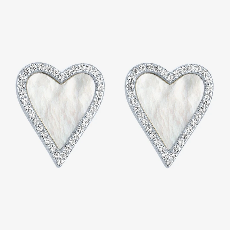 White Mother Of Pearl Sterling Silver 15mm Heart Stud Earrings